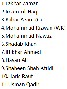 Pakistan Starting XI