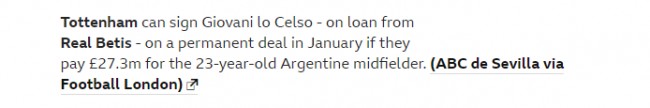 热刺可在1月用2730万镑买断洛塞尔索