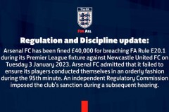 阿森纳被英足总罚款4万 阿森纳近期连续被英足总指控