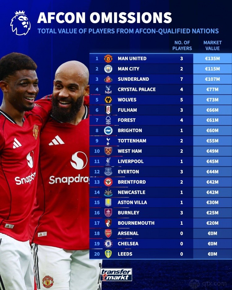 英超各队非洲杯球员身价榜