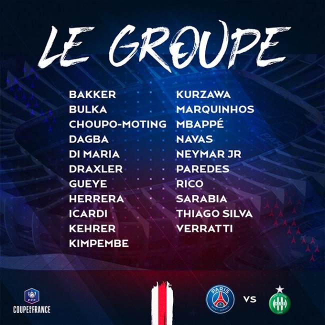 巴黎公布法国杯决赛21人大名单