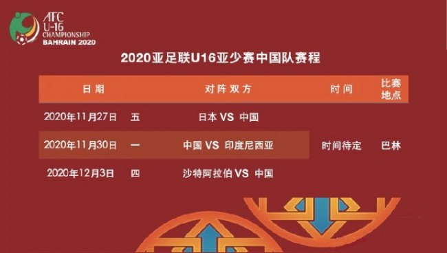 U16亚少赛中国队赛程安排