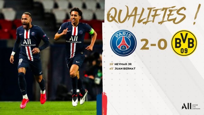 巴黎2-0多特晋级欧冠八强 内马尔破门贝尔纳特锁定胜局