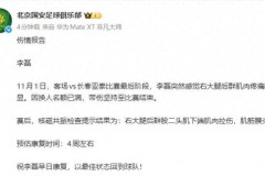 国安公布李磊伤情报告：右大腿股二头肌拉伤 约4周康复