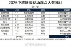 2025中超第17轮现场观众人数统计完整版（官方数据）