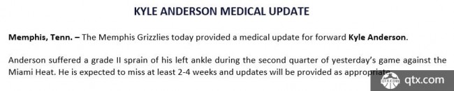 凯尔安德森脚踝扭伤缺阵