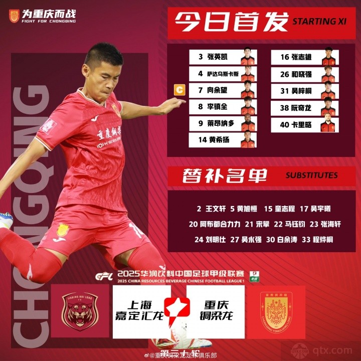 上海嘉定汇龙vs重庆铜梁龙首发大名单公布