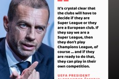 欧足联主席：不宣布退出欧超的球队就踢不了欧冠