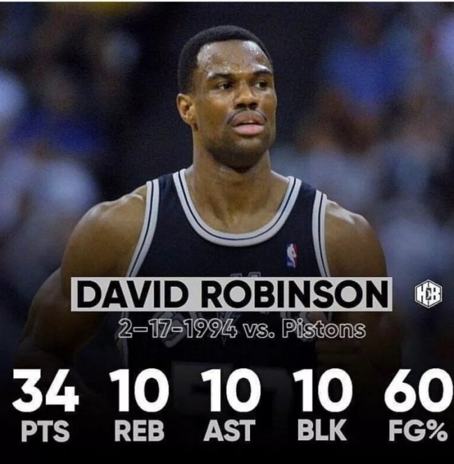 大卫-罗宾逊砍下NBA历史上唯一一个30+四双