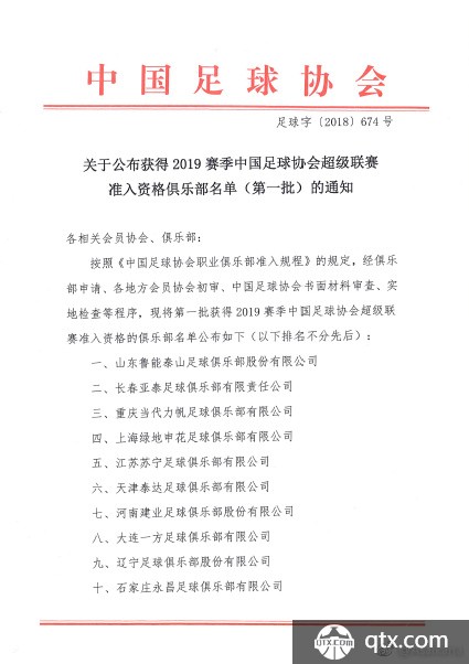 中甲领头羊无2019中超准入资格？足协公布中超2019赛季第一批准入俱乐部