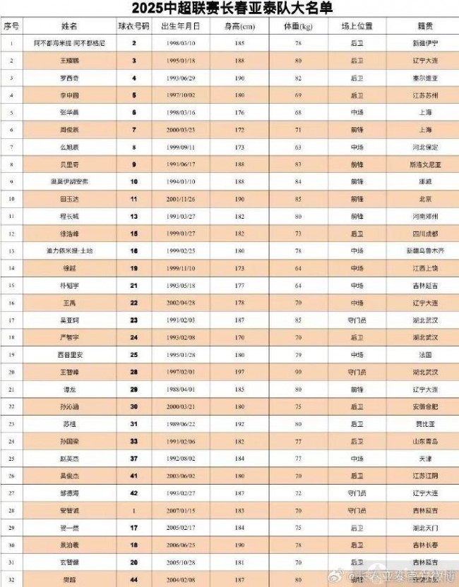 2025中超联赛长春亚泰队大名单