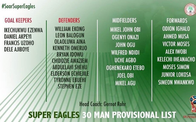 尼日利亚足协世界杯30人初选大名单公布