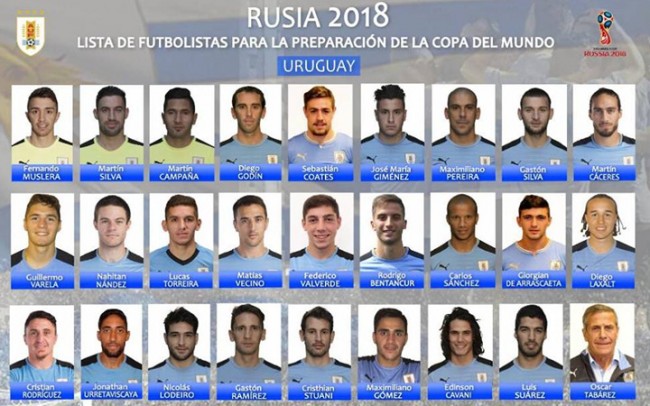 乌拉圭足协公布世界杯26人大名单：苏亚雷斯、卡瓦尼领衔