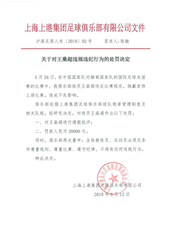 上海上港官网宣布对中国国脚王燊超处罚决定