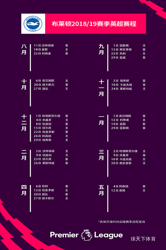 布莱顿2018/19赛季英超赛程