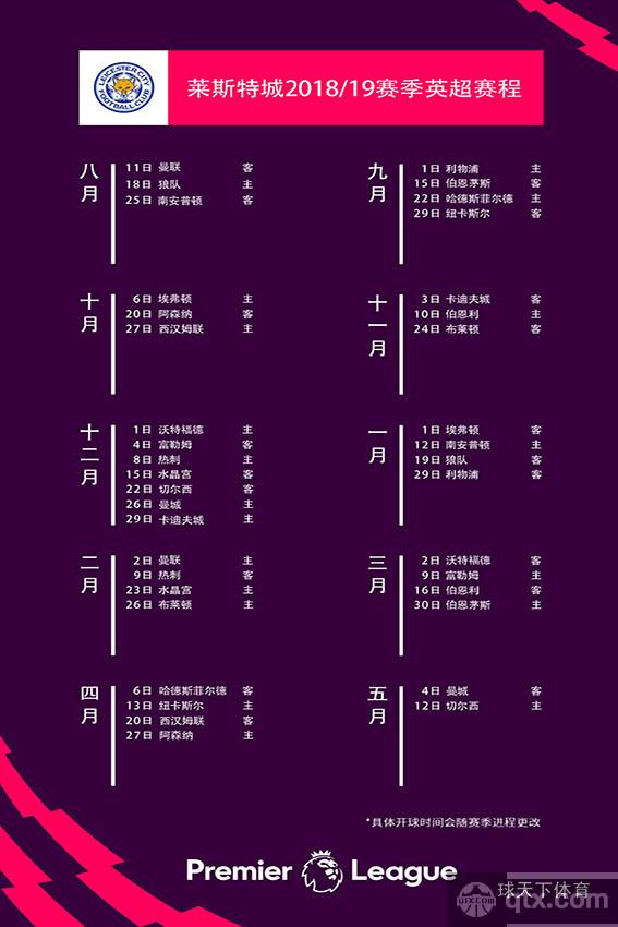 莱斯特城2018/19赛季英超赛程明细