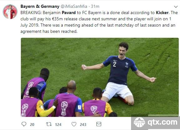 法国后卫帕瓦尔成功转会拜仁 2019年7月1日正式加盟