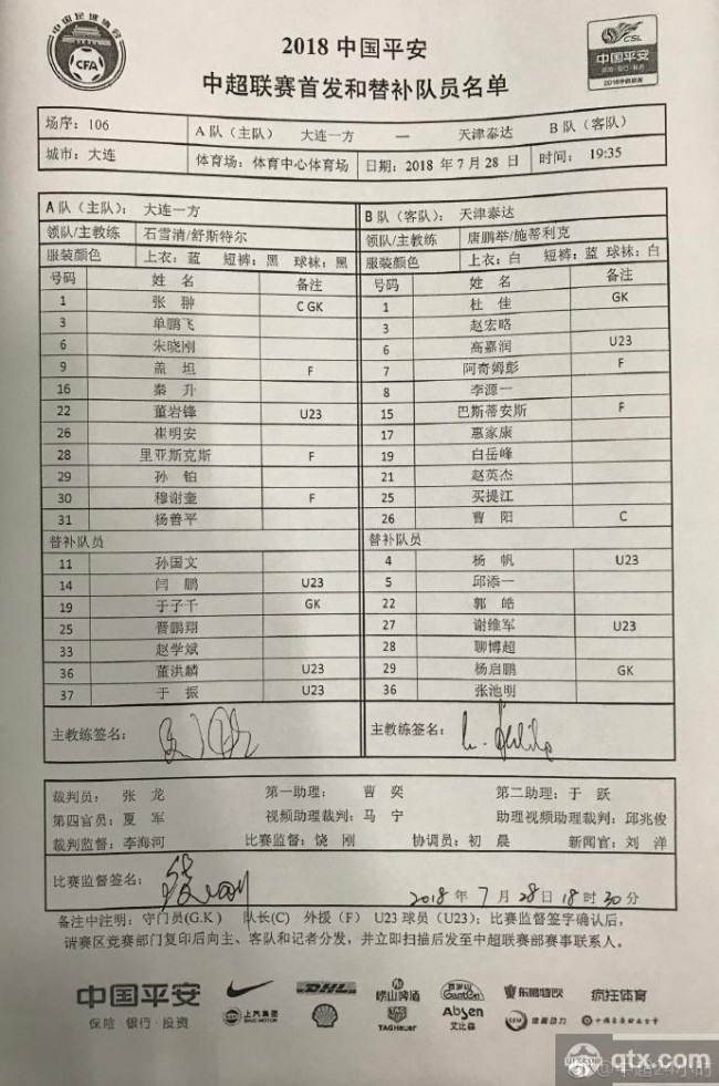 大连一方vs天津泰达首发 卡拉斯科缺阵