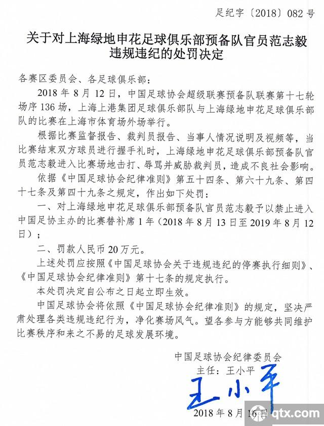 中国足协官方通报范志毅禁入替补席1年,罚款20万元人民币