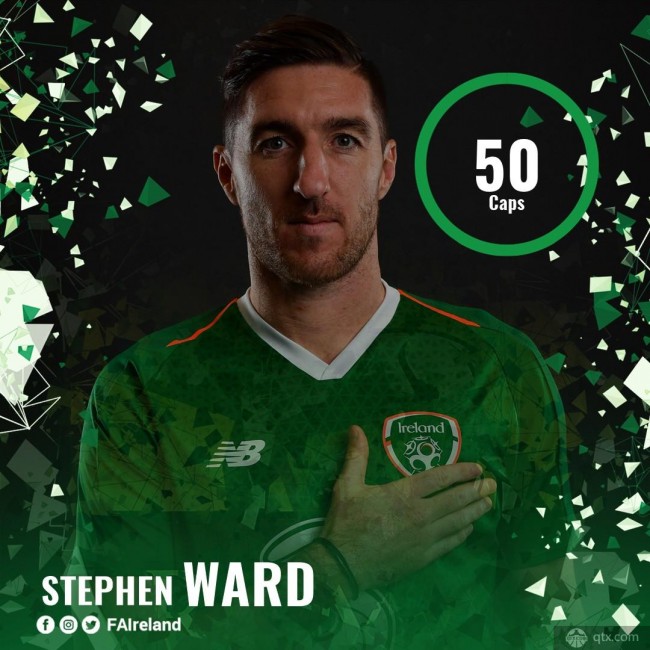 沃德达成爱尔兰国家队出场次数50次记录