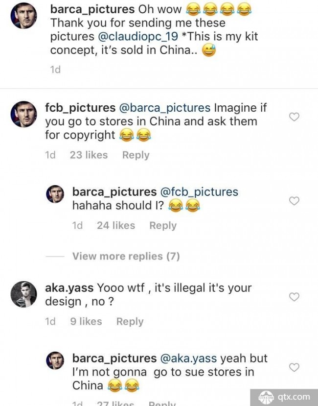 中国商店侵权 INS博主求购自己设计的巴萨球衣